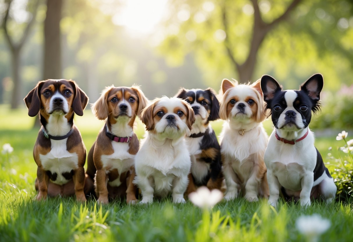 A group of small, calm dogs sitting together outdoors on green grass in a sunny park.