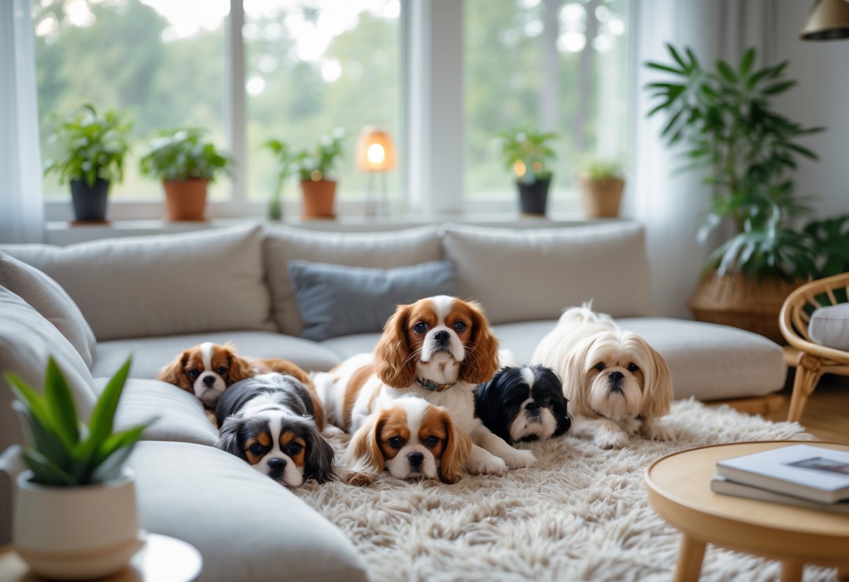 Several small dogs resting peacefully in a bright living room with natural light and plants.