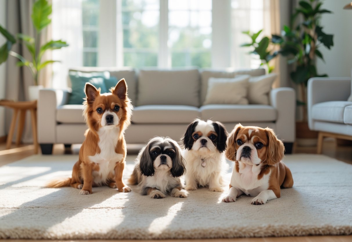 Several small dogs known for being quiet sitting calmly in a bright, cozy living room with sunlight and home decor.