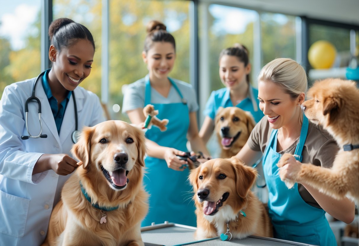 People working with dogs in various professional settings, including a veterinarian examining a dog, a trainer guiding a dog outdoors, a groomer trimming a dog, and staff playing with dogs at a daycare.