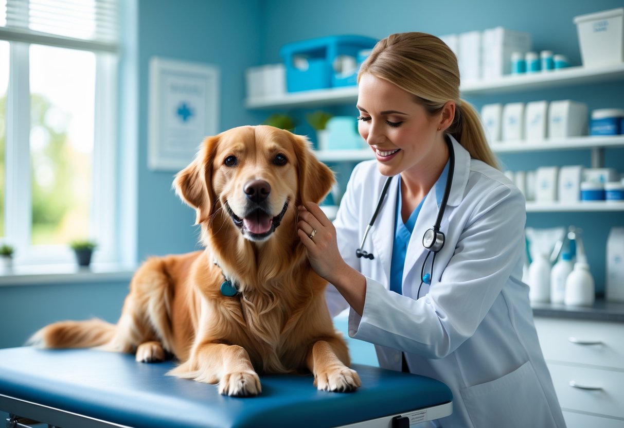 A veterinarian in a clinic gently examining a golden retriever dog on an examination table.