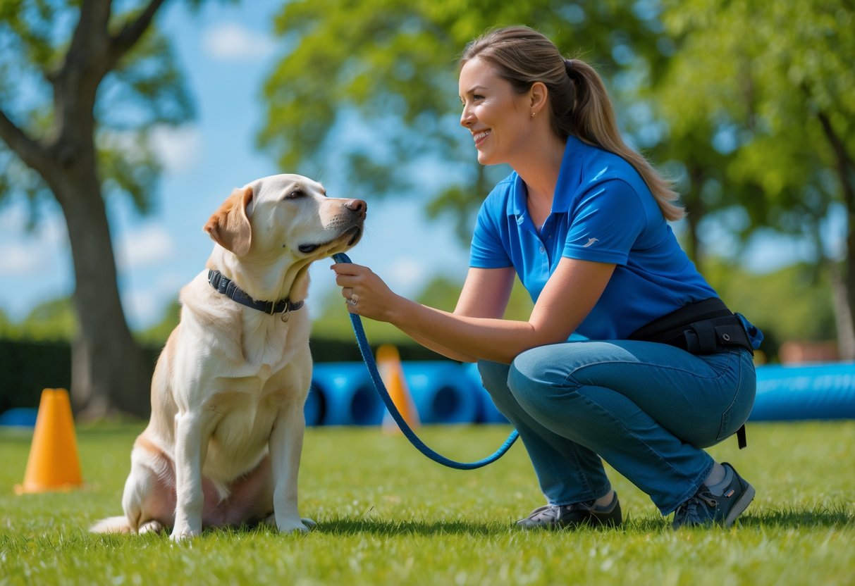 A dog trainer kneeling on grass, interacting with a sitting Labrador Retriever in a sunny park with trees and training equipment visible.