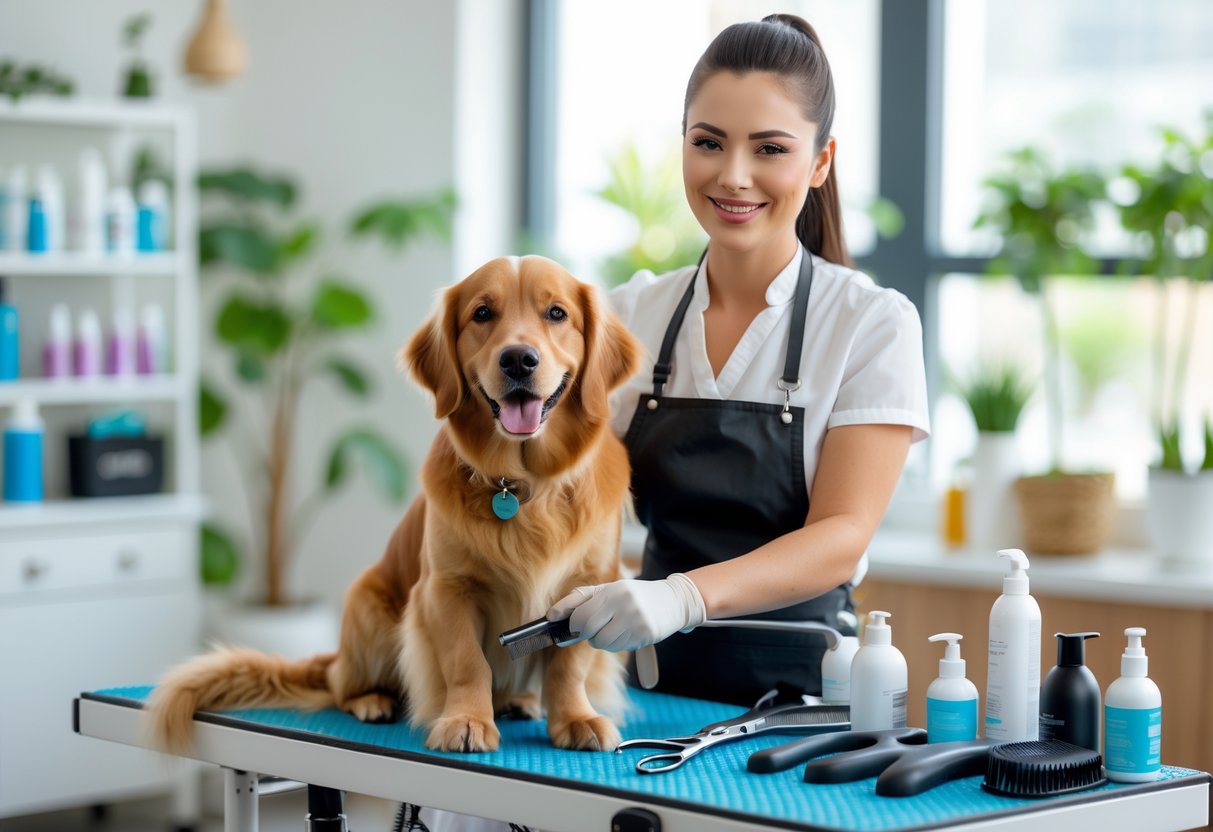 A professional pet groomer trimming a golden retriever's fur in a bright grooming salon.