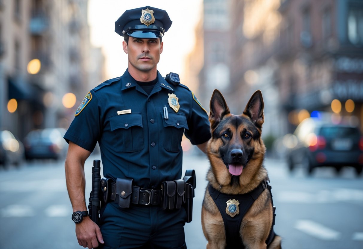 A police officer in uniform standing next to a German Shepherd police dog on a city street.