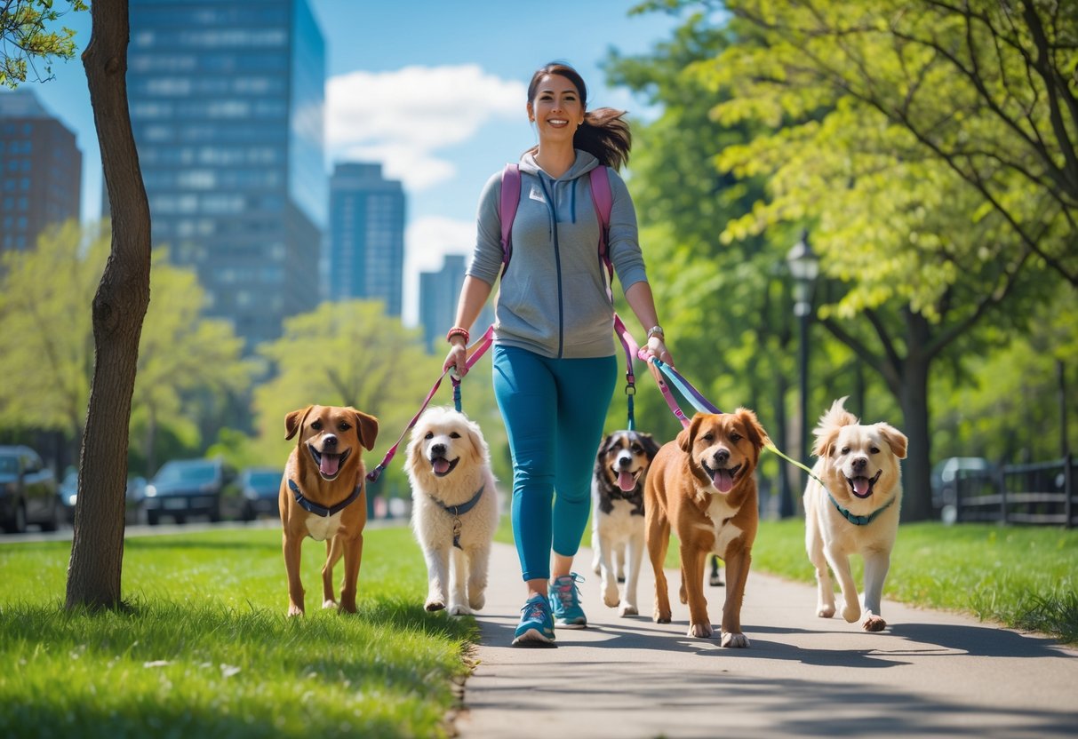 A person walking several happy dogs on leashes in a sunny park.