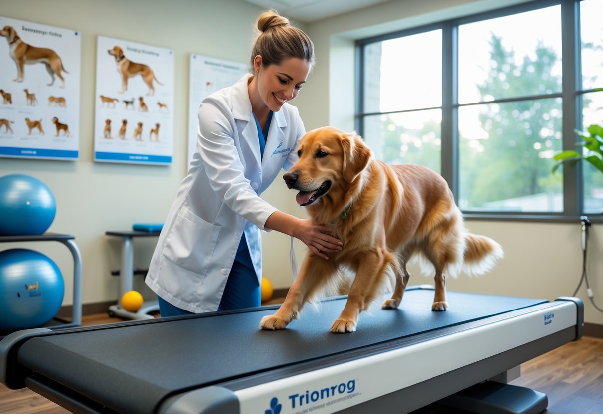 A canine physical therapist helping a golden retriever walk on a rehabilitation treadmill in a bright veterinary clinic.