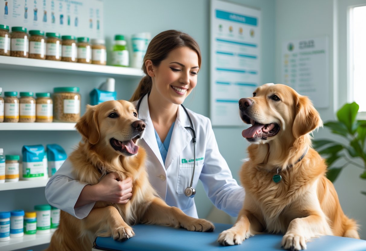 A pet nutritionist in a lab coat consulting with a dog owner holding a golden retriever in a veterinary clinic.