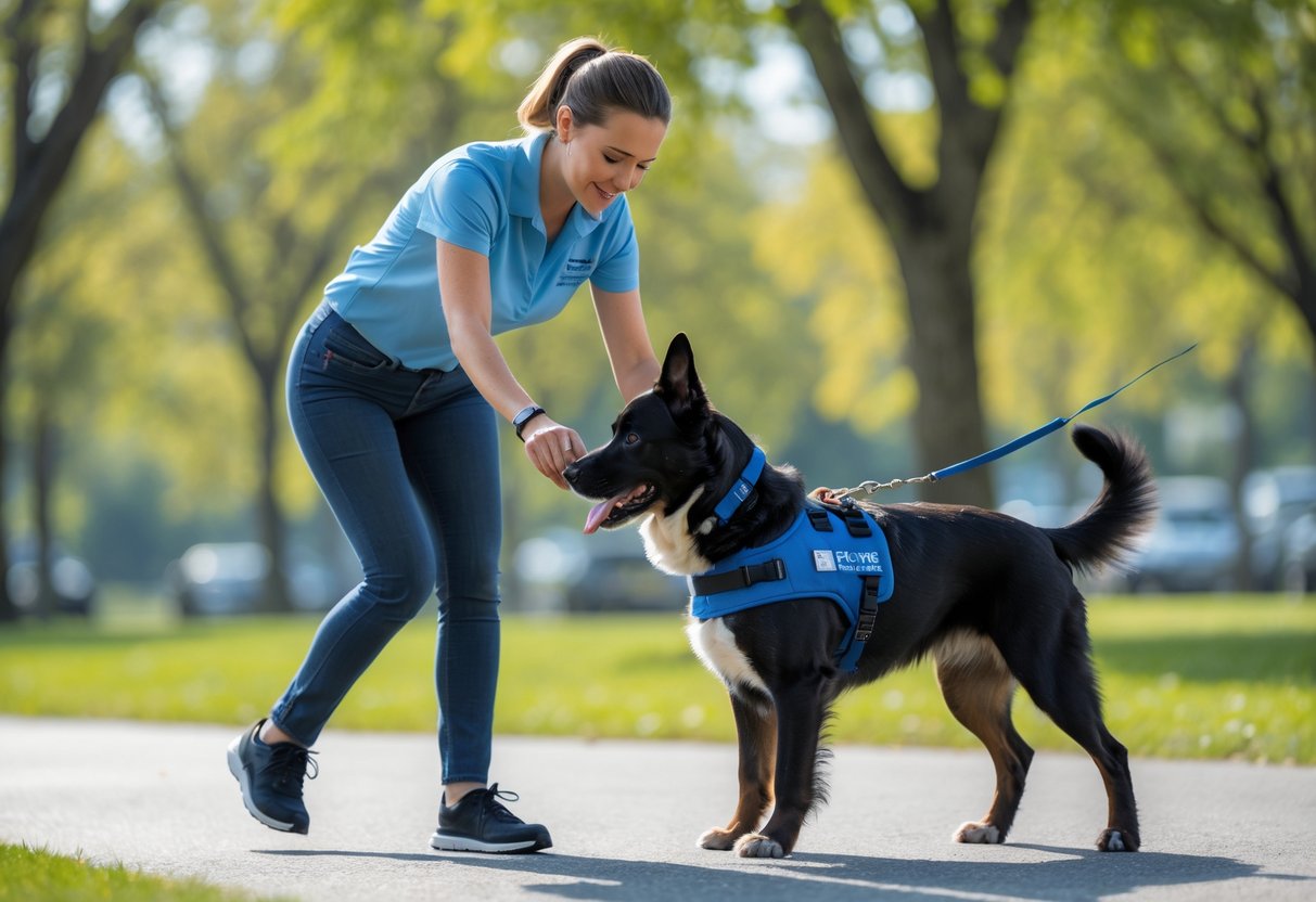 A service dog trainer outdoors guiding a service dog wearing a harness in a green park.