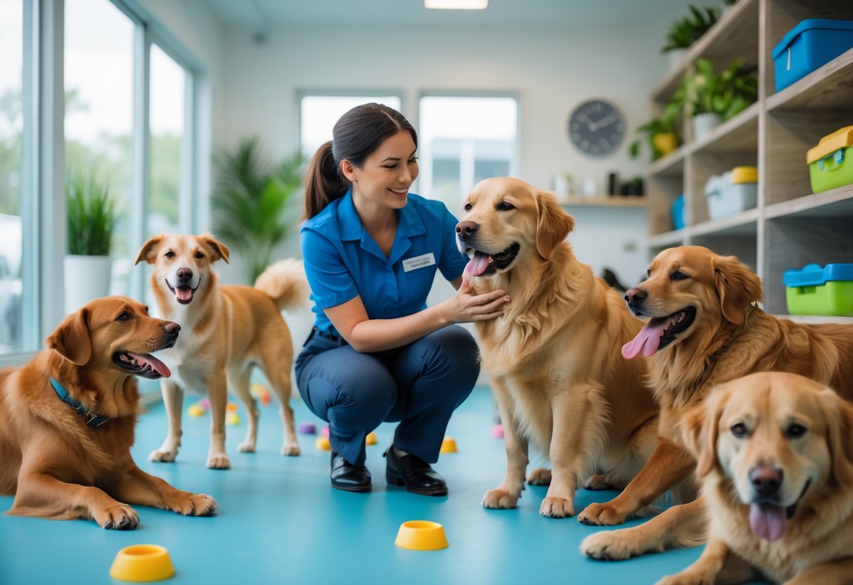 A dog daycare manager interacting with several happy dogs in a bright, clean daycare center.