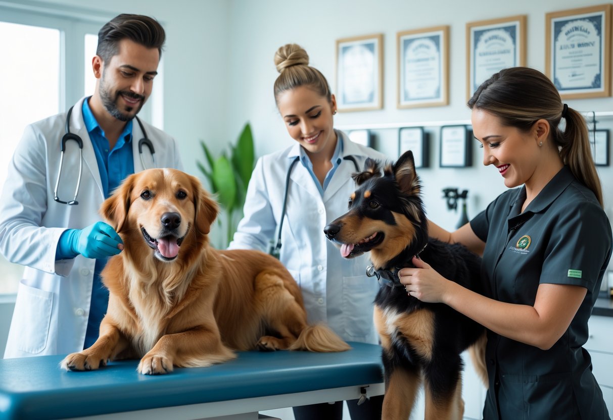 A veterinarian, dog trainer, and groomer working with dogs in a bright, professional setting surrounded by certificates on the walls.