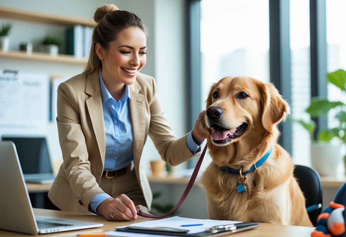 A woman smiling and holding a golden retriever's leash in a bright office with dog-related items nearby.