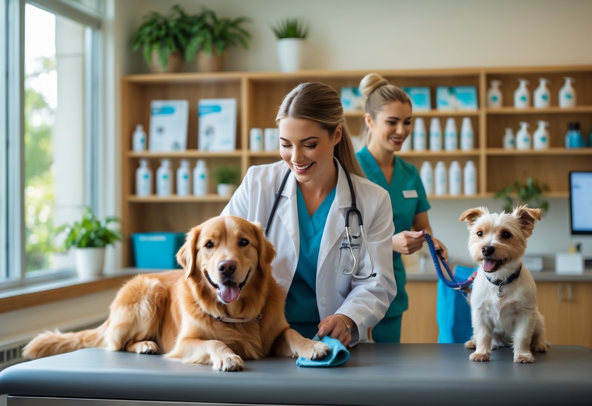 Veterinarian examining a golden retriever while a receptionist helps a dog owner with a small terrier in a bright veterinary clinic.