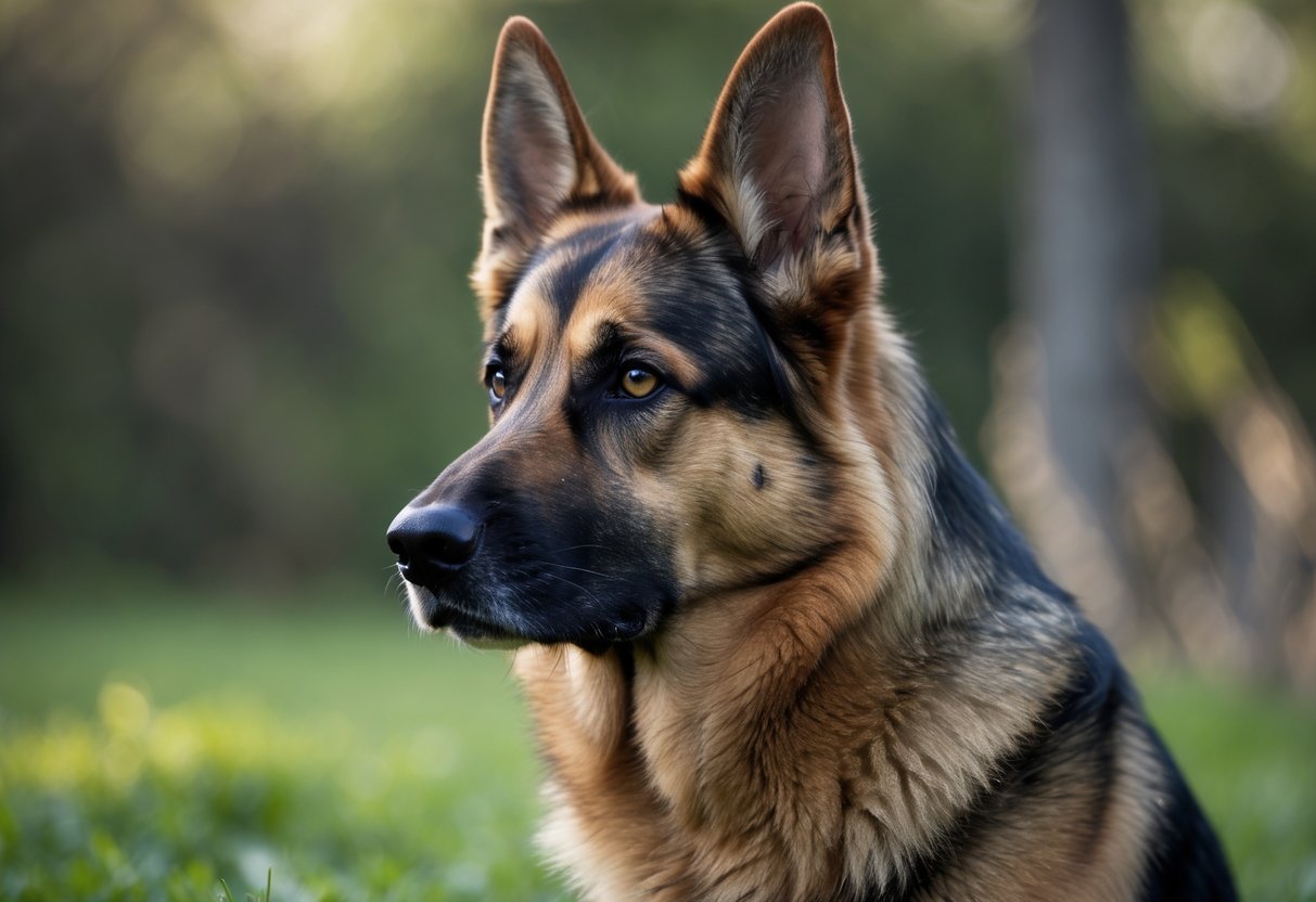 A German Shepherd dog standing outdoors with a focused and alert expression.