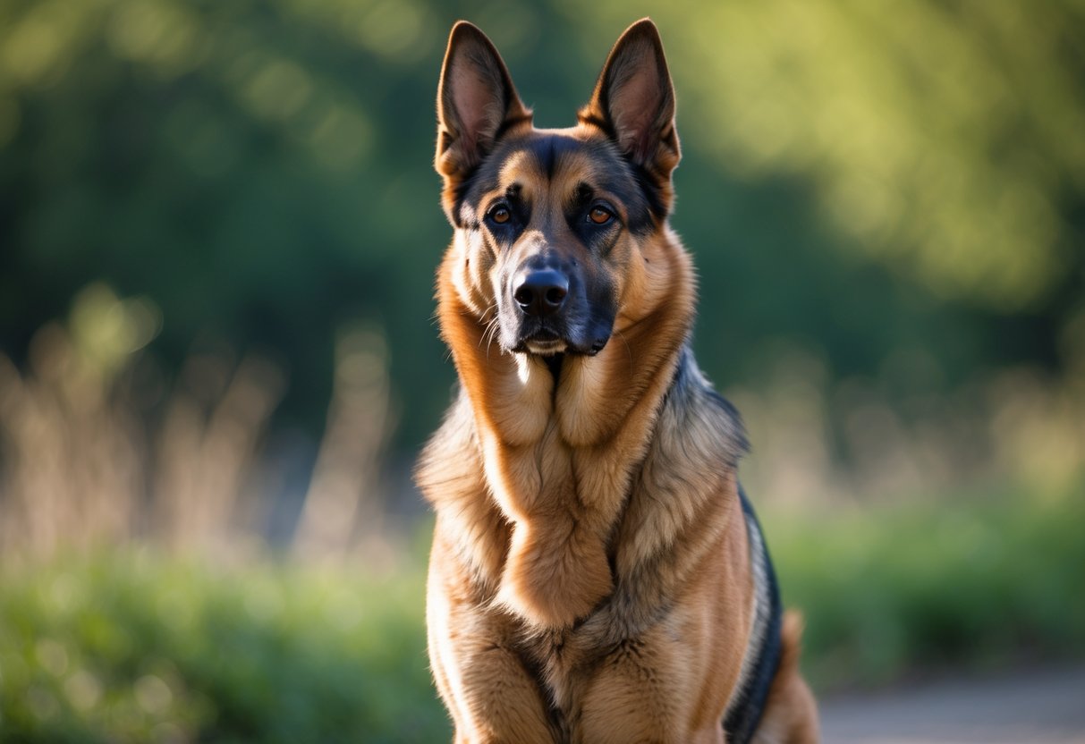A German Shepherd dog standing alert outdoors with greenery in the background.
