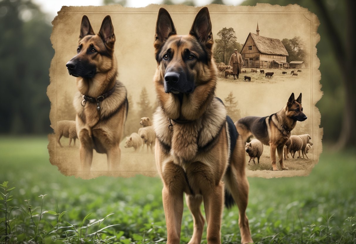 A German Shepherd dog standing in a green field with faded historical images of early German Shepherds and shepherds in the background.