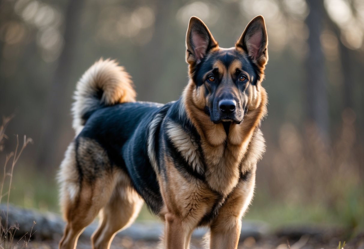 A German Shepherd dog standing outdoors with an alert posture, showing its black and tan coat and erect ears.