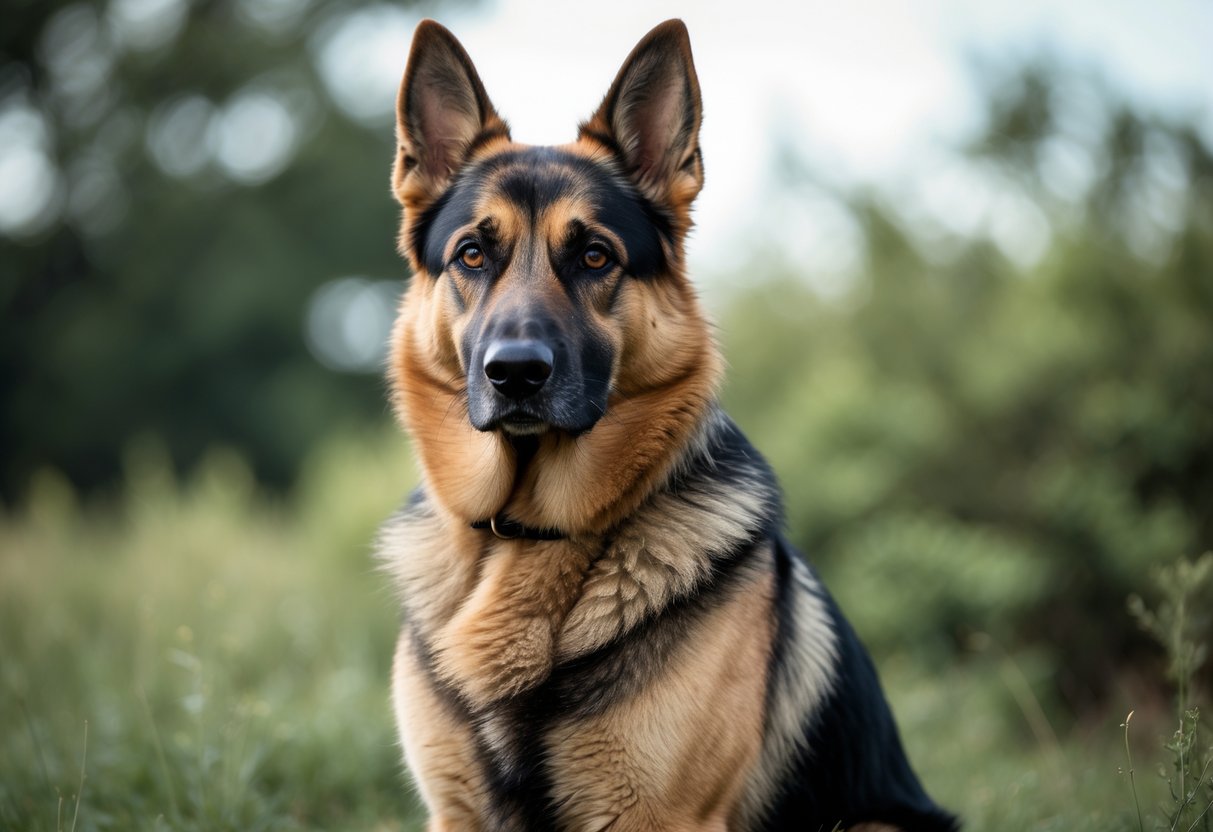 A German Shepherd dog sitting attentively outdoors with a blurred green background.