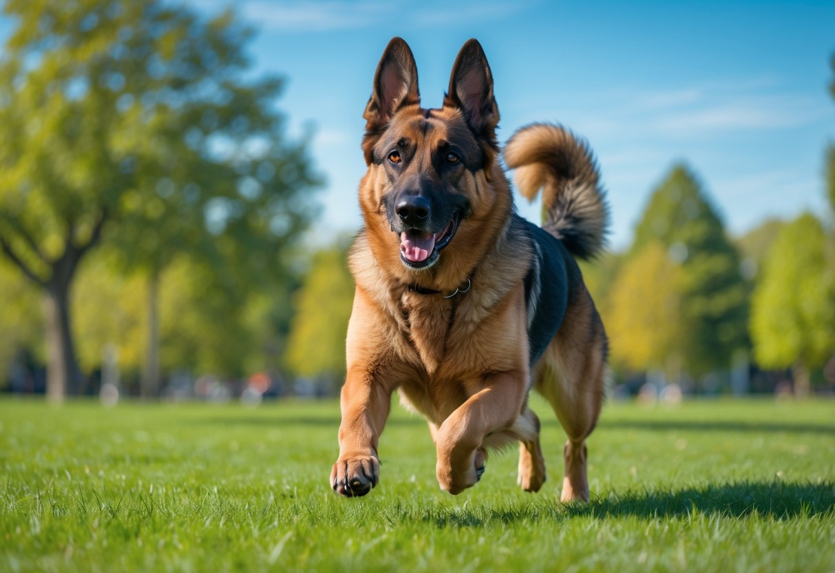 An adult German Shepherd dog running energetically in a green park on a sunny day.