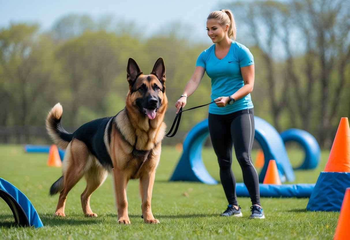 A German Shepherd dog attentively standing on a grassy field with a trainer nearby and training equipment in the background.