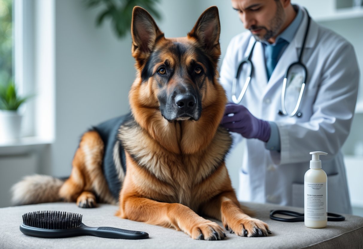 A German Shepherd dog sitting calmly indoors while a person examines it, with grooming tools nearby.