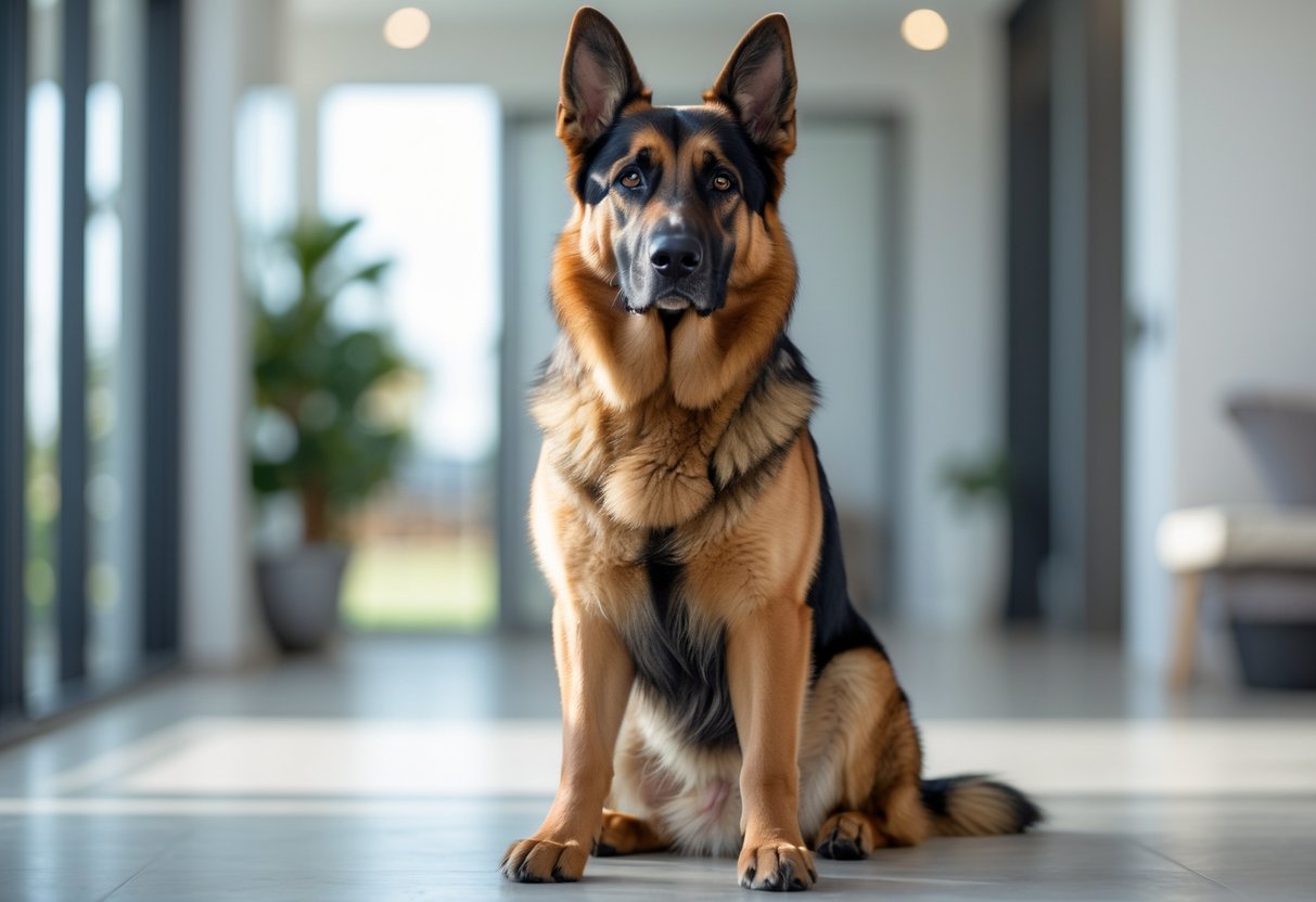A German Shepherd dog sitting attentively indoors with a blurred modern background.
