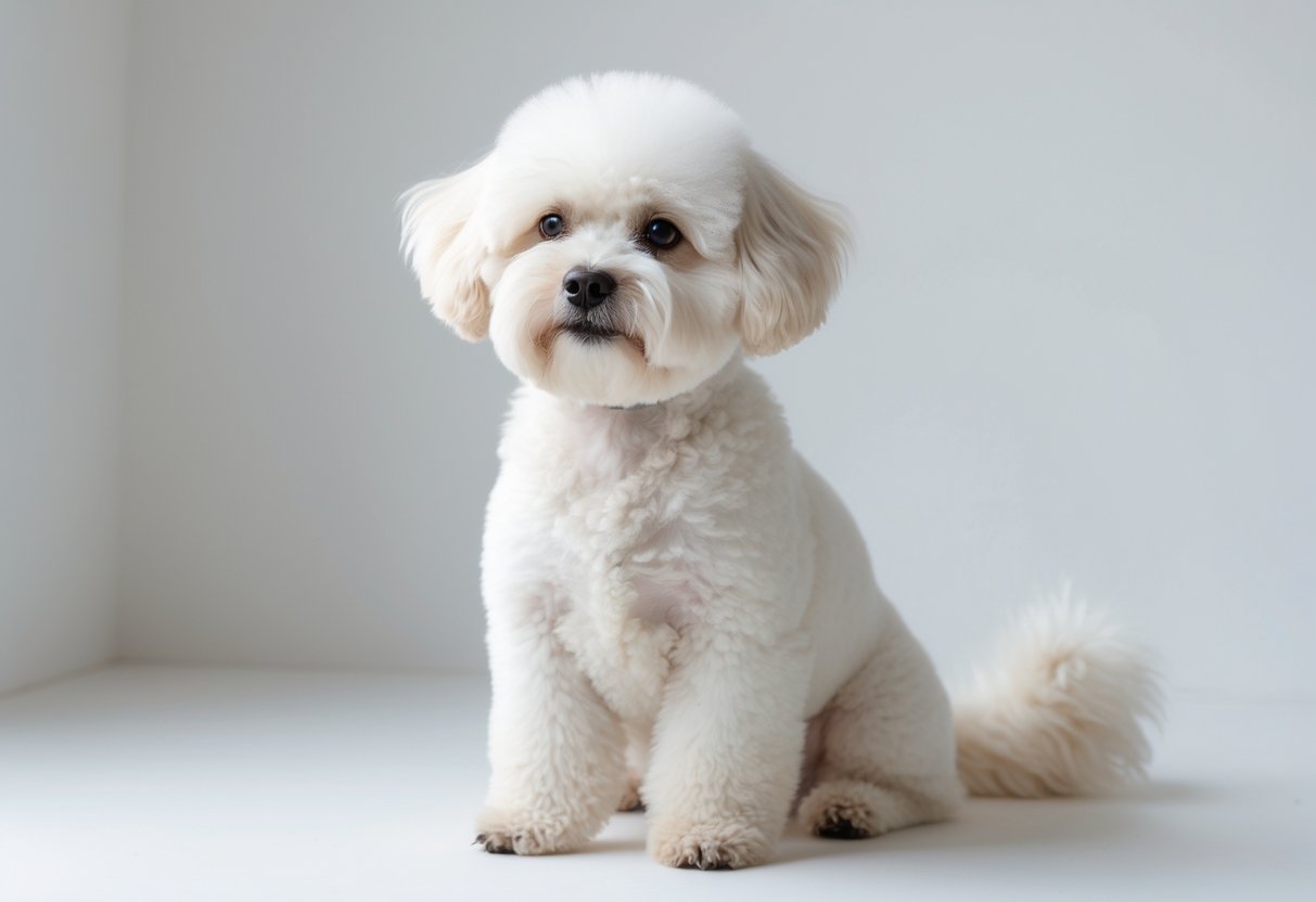 A bichon frise dog sitting calmly on a white background.