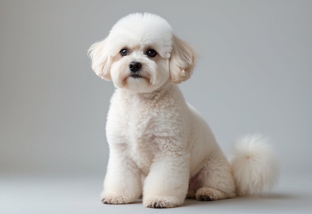A fluffy white Bichon Frise dog sitting calmly on a plain background, looking slightly to the side.