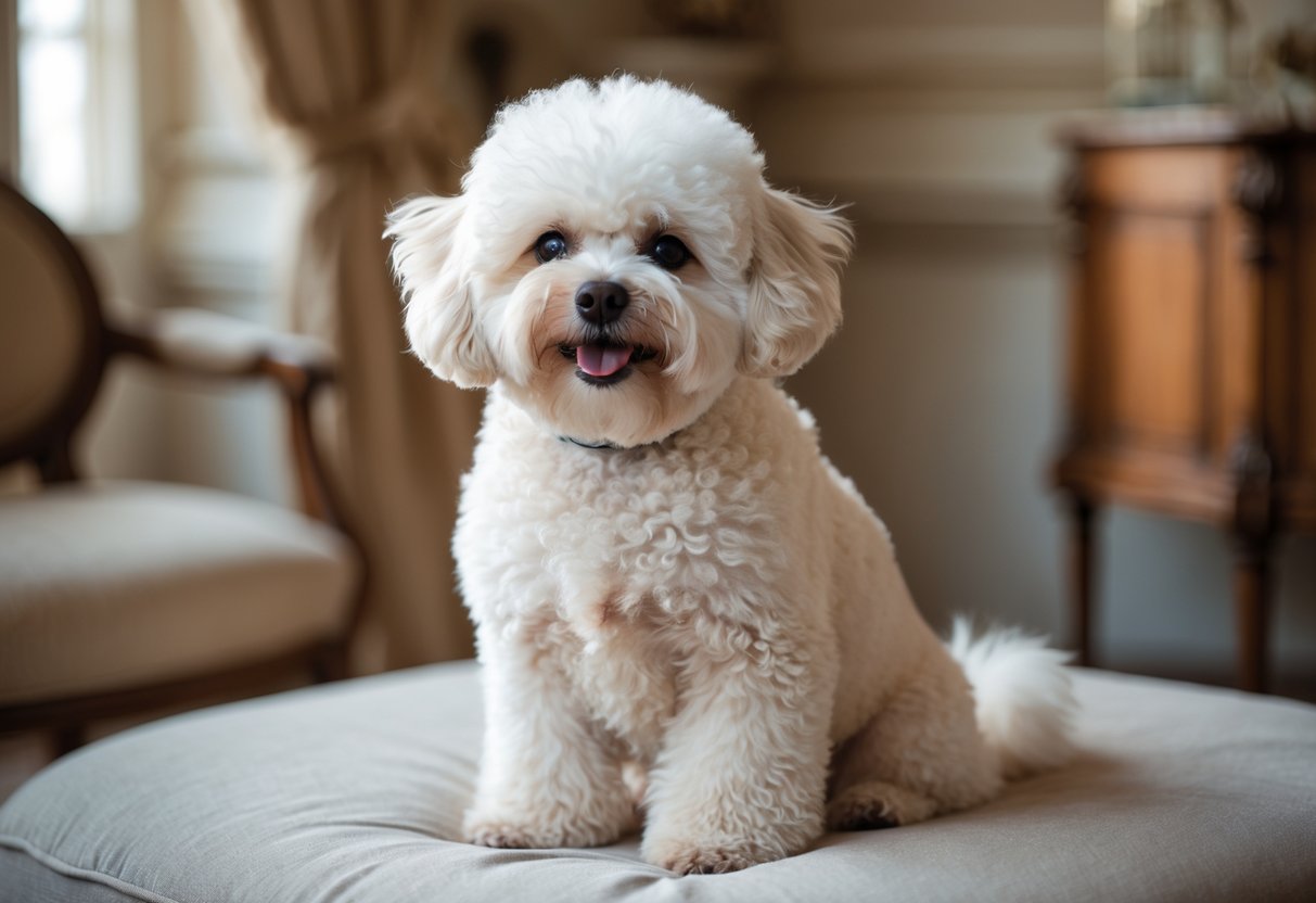A fluffy white Bichon Frise dog sitting calmly with a friendly expression in a softly lit indoor setting.