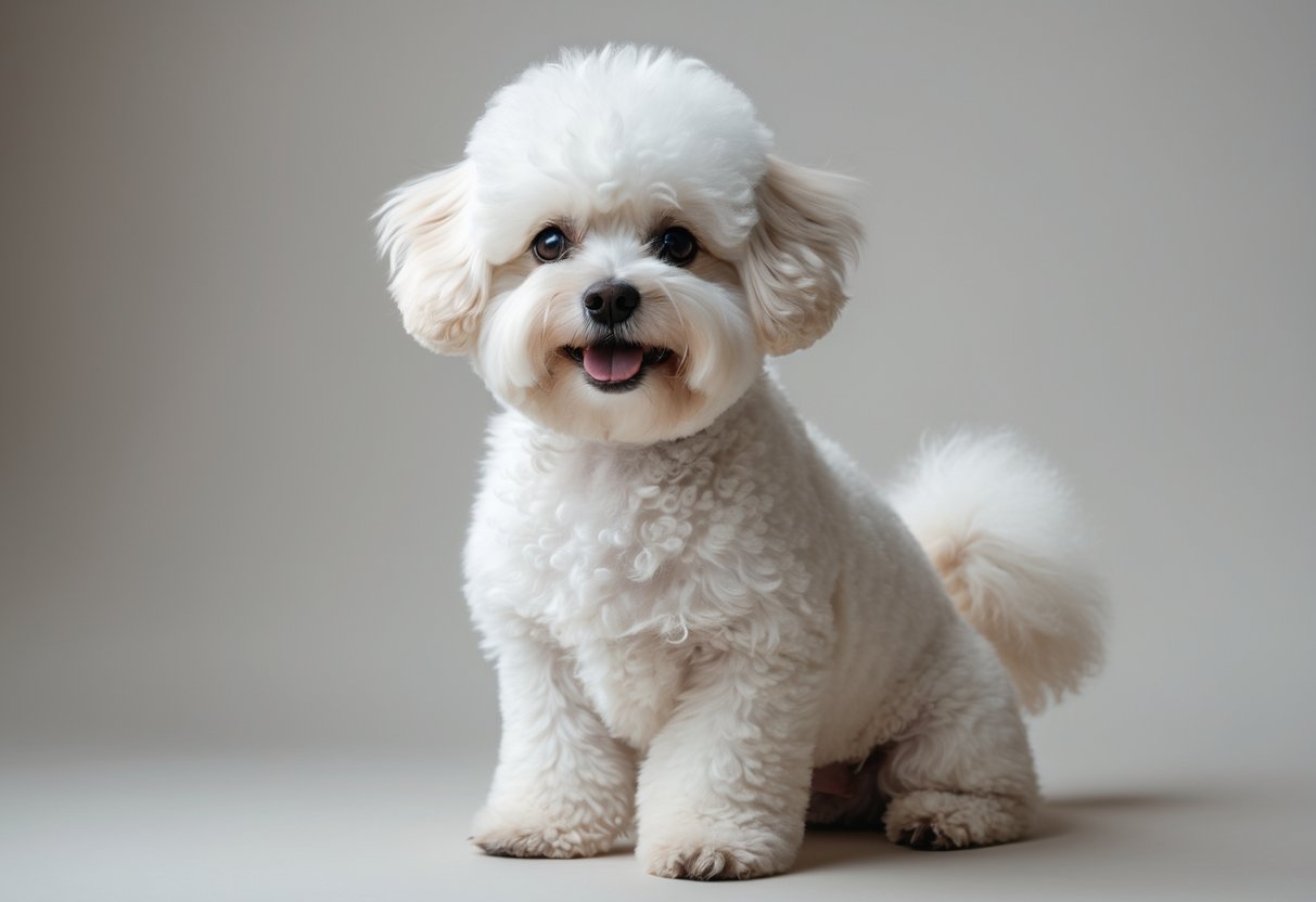 A fluffy white bichon frise dog sitting and looking slightly to the side against a plain background.