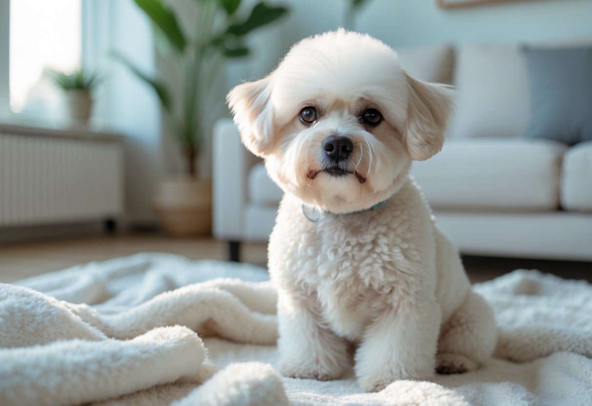 A bichon frise dog sitting calmly on a white blanket in a bright living room, looking directly at the camera.