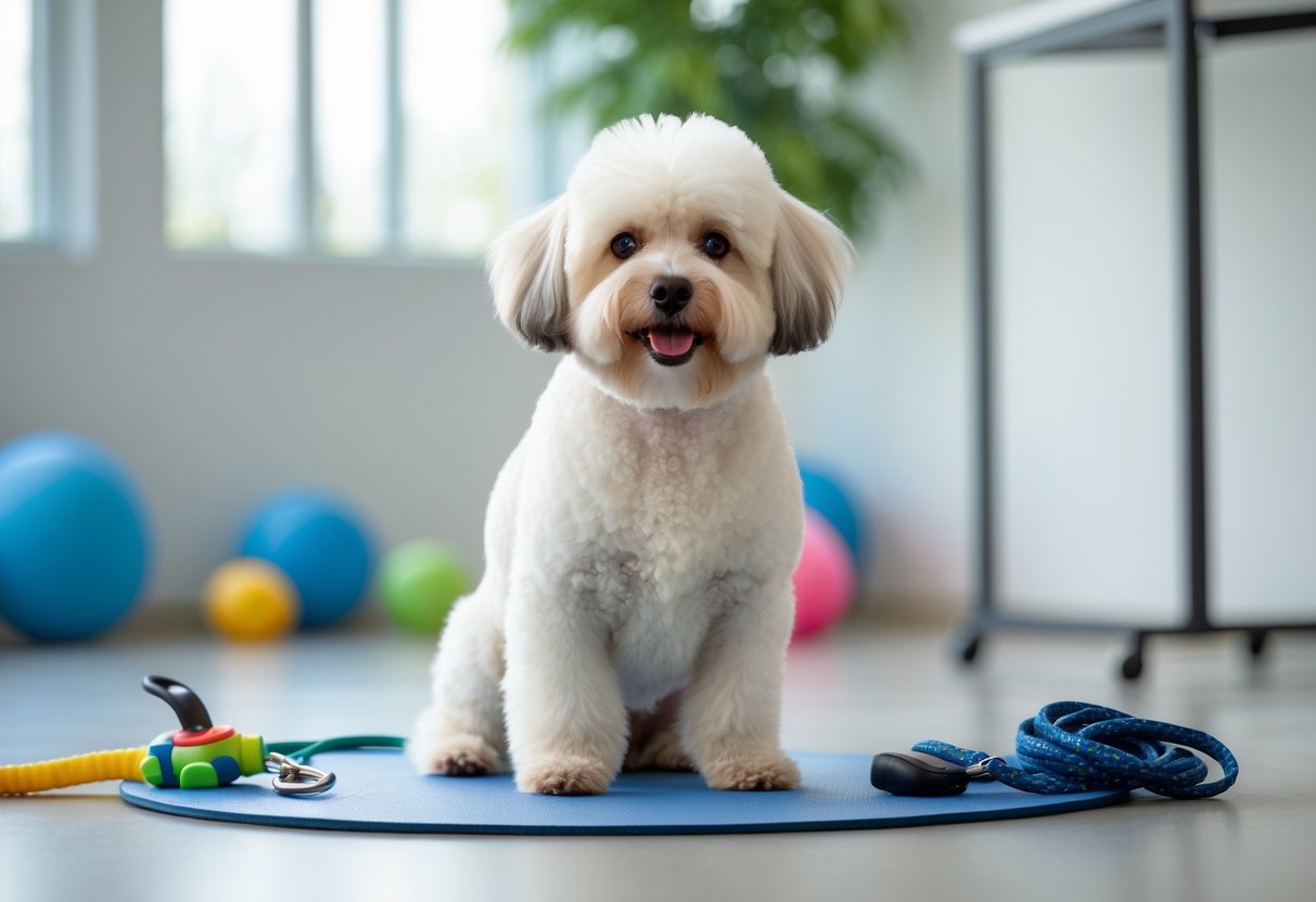 A Bichon Frise dog sitting attentively on a soft mat in a bright indoor training space with toys and training tools nearby.
