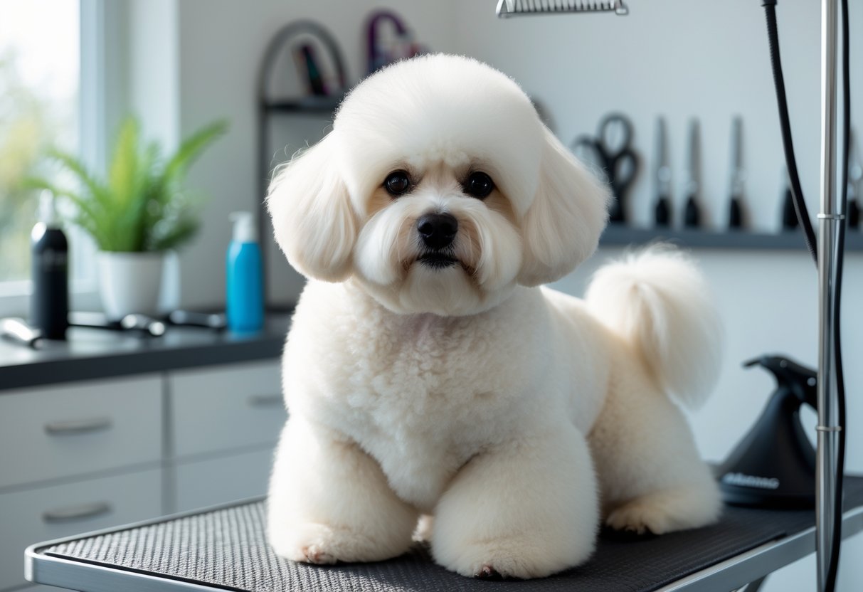 A Bichon Frise dog sitting on a grooming table in a pet salon with grooming tools in the background.