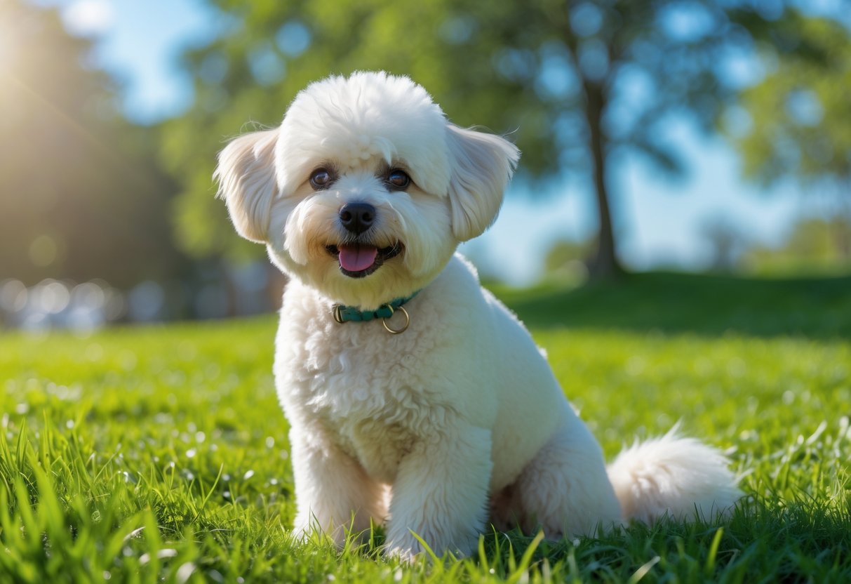A fluffy white bichon frise dog sitting on green grass outdoors with a happy expression.