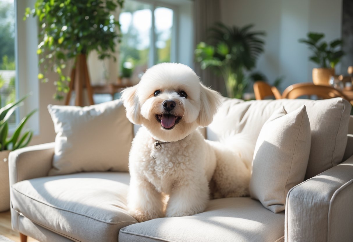 A fluffy white bichon frise dog sitting on a sofa in a bright living room with plants and wooden furniture.