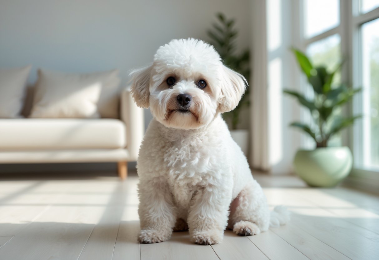 A bichon frise dog with fluffy white fur sitting on a wooden floor in a bright living room.