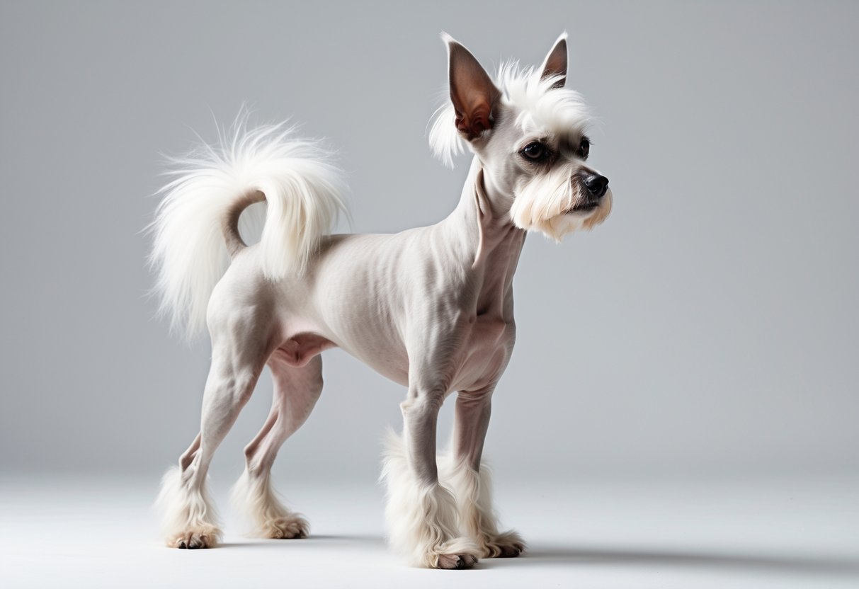 A Chinese Crested dog standing on a plain white background, showing its hairless body with tufts of fur on its head, ears, tail, and feet.