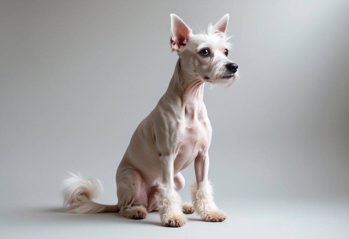 A Chinese Crested dog sitting calmly on a plain background, showing its hairless body and fur on head, tail, and feet.