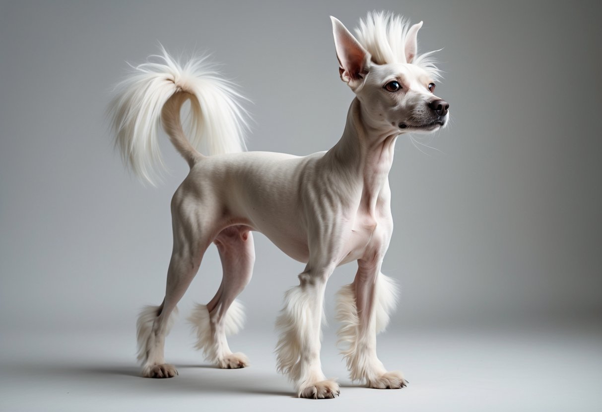 A Chinese Crested dog standing on a plain background, showing its hairless body with tufts of hair on its head, tail, and feet.