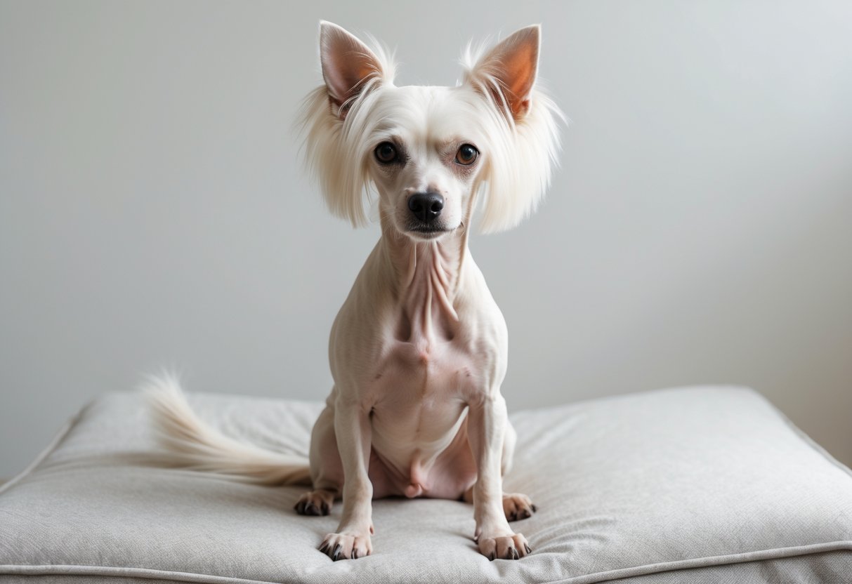 A Chinese Crested dog sitting calmly with a gentle and alert expression against a plain light background.