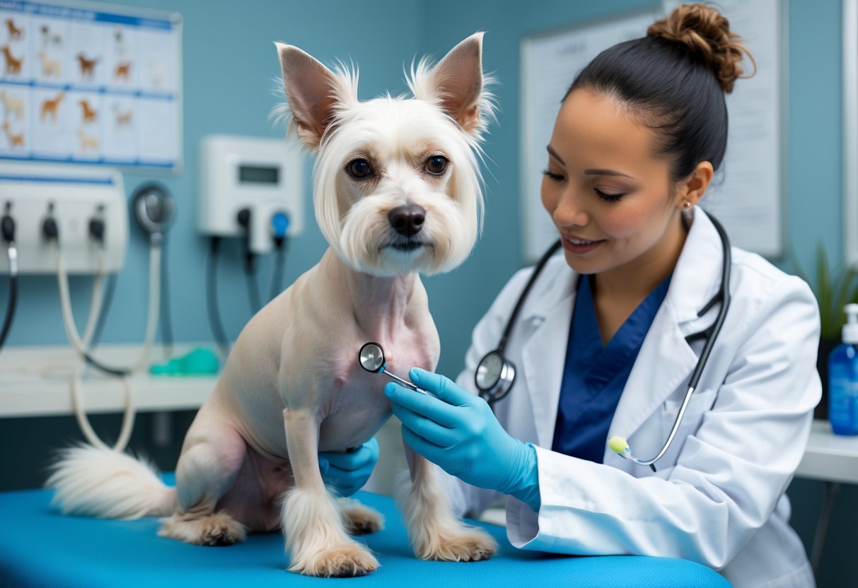 A Chinese Crested dog being examined by a veterinarian in a veterinary clinic.