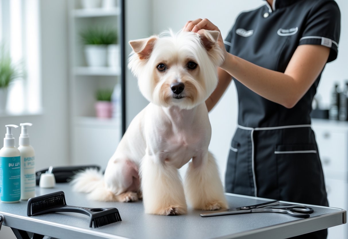 A Chinese Crested dog being gently brushed by a groomer on a grooming table in a bright pet grooming salon.
