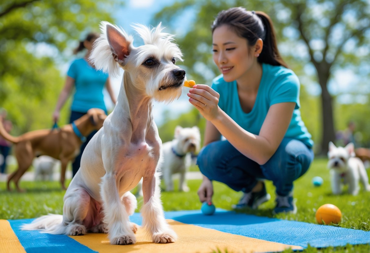 A Chinese Crested dog sitting attentively on a training mat outdoors with a trainer offering a treat, surrounded by other dogs and people in a sunny park.