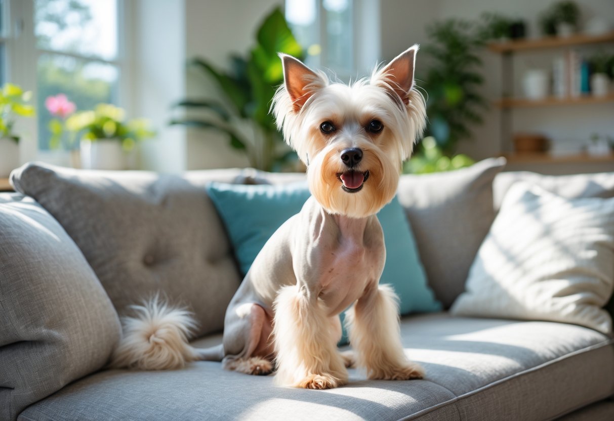 A Chinese Crested dog sitting on a sofa in a bright, modern living room with natural sunlight.