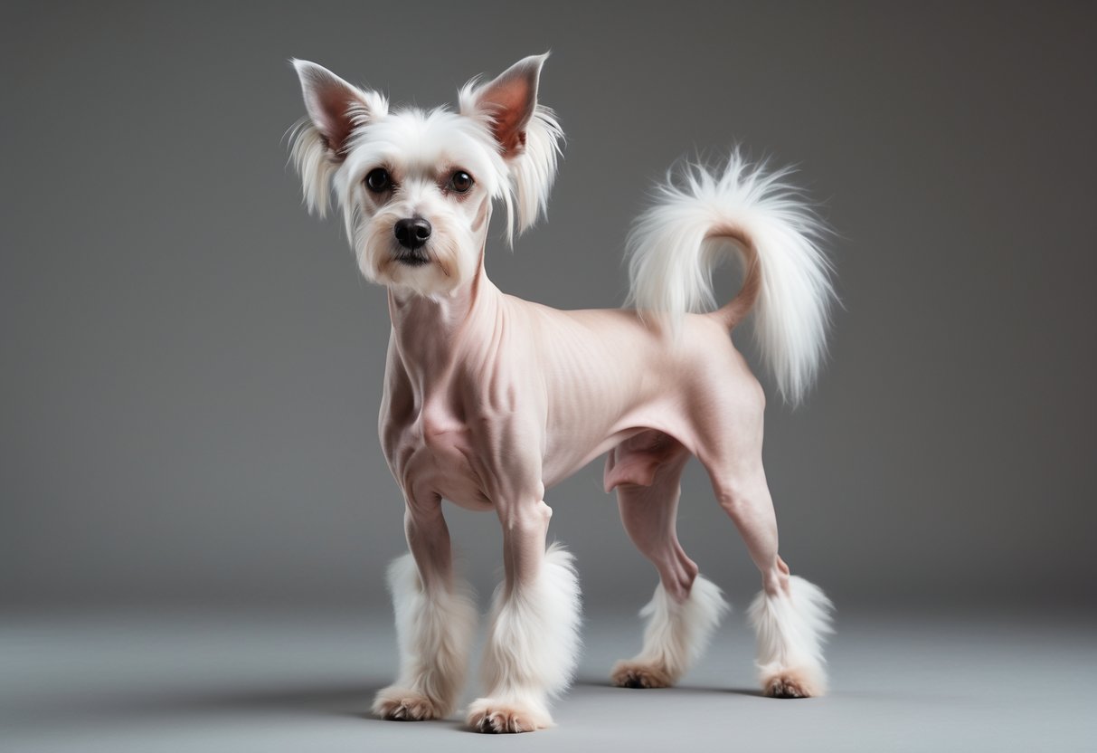 A Chinese Crested dog standing on a plain background, showing its hairless body with white fur on its head, ears, paws, and tail.