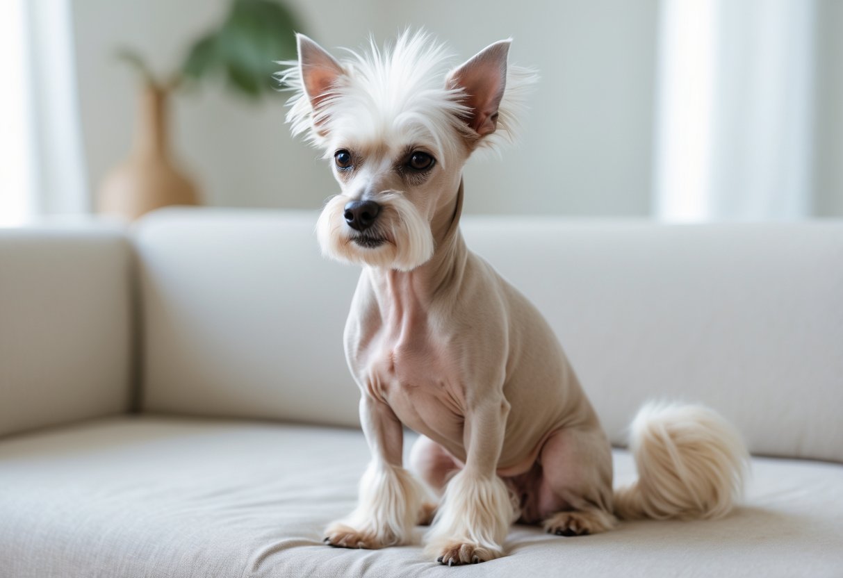 A Chinese Crested dog sitting calmly indoors on a soft surface with natural light highlighting its hairless body and tufts of hair.