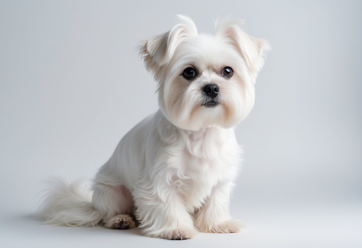 A small white Maltese dog sitting calmly on a white background.