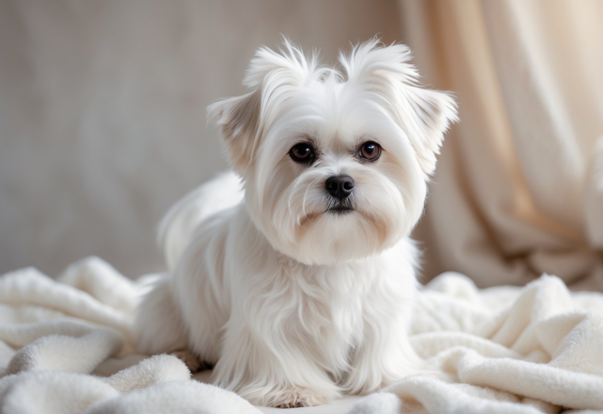 A white Maltese dog sitting on a soft blanket with a blurred neutral background.