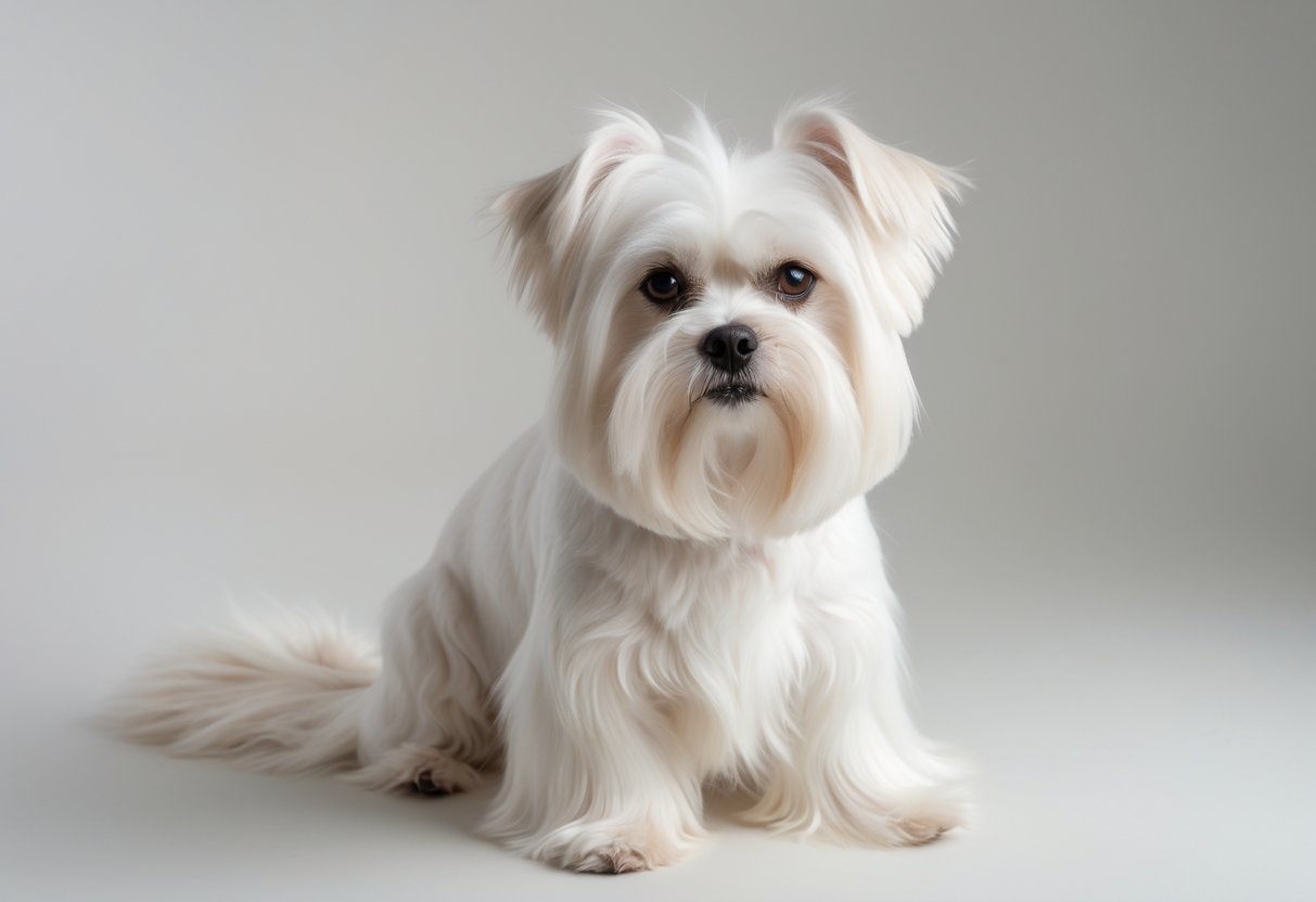 A Maltese dog sitting with long white fur and dark eyes on a plain background.