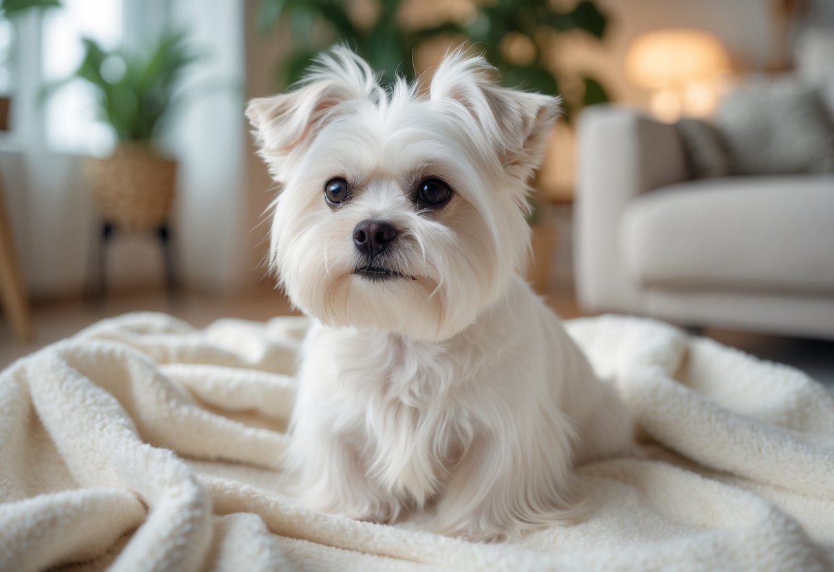 A small white Maltese dog sitting calmly on a white blanket in a cozy living room.
