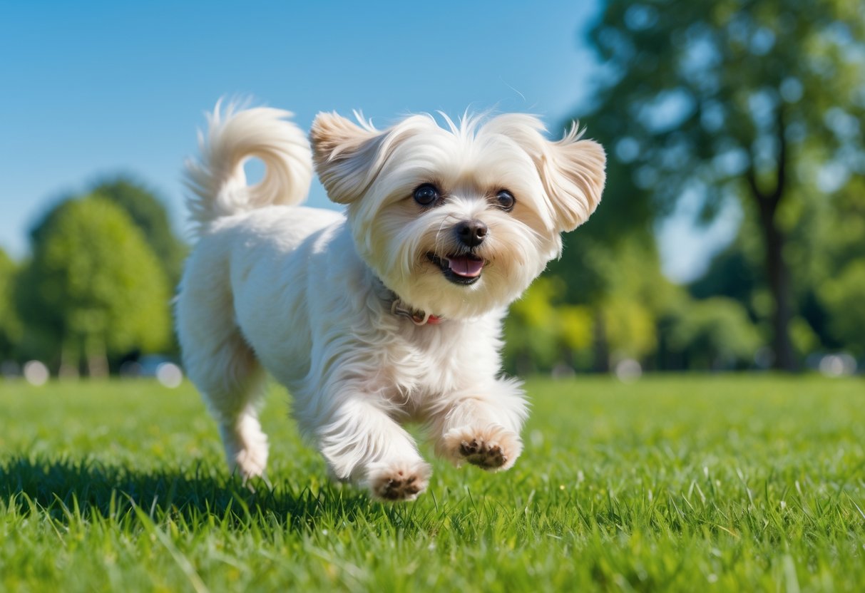 A small white Maltese dog running and playing in a green park on a sunny day.